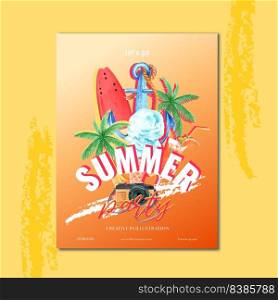 Travel on Holiday summer the beach Palm tree vacation poster, sea and sky sunlight , creative watercolor vector illustration design