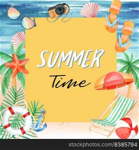 Travel on Holiday summer the beach Palm tree vacation, sea and sky sunlight , creative watercolor vector illustration design
