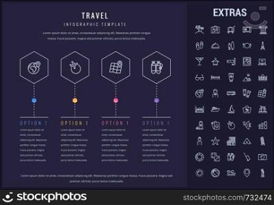 Travel options infographic template, elements and icons. Infograph includes line icon set with tourist attraction, luggage cart, travel planning, holiday vacation, traveler, hotel accommodation etc.. Travel infographic template, elements and icons.