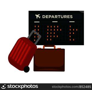 Travel or air world trip vector flat icon of traveler luggage bag and airport flight schedule. Vector design for tourism agency or summer vacations or airplane travel voyage. Travel airplane world trip flight vector icon of traveler luggage bag and airport schedule