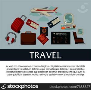 Travel or airplane world tour poster vector flat design for tourism agency or summer vacations. Vector flat design of aircraft and globe, tourist travel bags and passports or flight tickets. Travel or airplane world tour poster vector flat design for tourism agency or summer vacations.