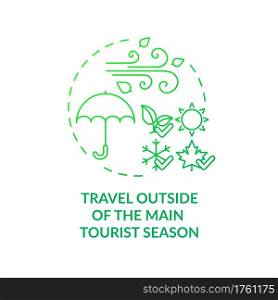 Travel outside of the main tourist season concept icon. Sustainable tourism ideas. Dealing with tourism season idea thin line illustration. Vector isolated outline RGB color drawing. Travel outside of the main tourist season concept icon