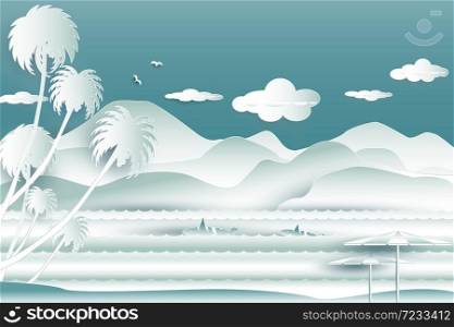 Travel over sea of whale family in water wave between archipelago with the bird flying in the sky and cloud background at summer time,Paper cut style, 3d effect imitation,Vector illustration seascape.