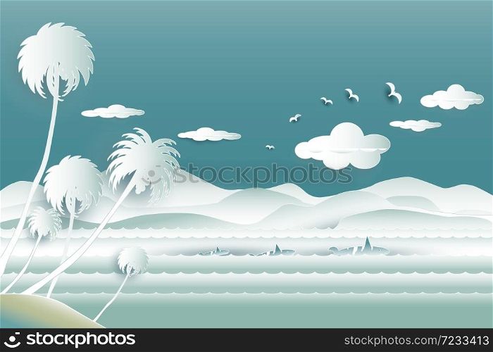 Travel over sea of whale family in water wave between archipelago with the bird flying in the sky and cloud background at summer time,Paper cut style, 3d effect imitation,Vector illustration seascape.