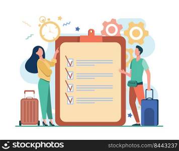 Travel packing list. Man and woman with suitcases standing at checklist and timer flat vector illustration. Travel, vacation, planning concept for banner, website design or landing web page