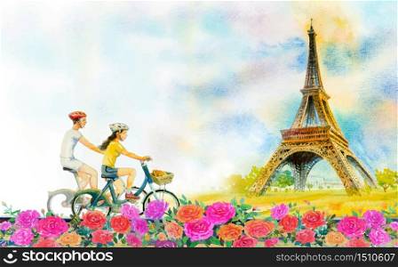 Travel Paris european city landscape and France eiffel tower and couple love cycling tourism in roses garden, Modern art, Watercolor painting illustration, Valentine day, greeting card postcards.