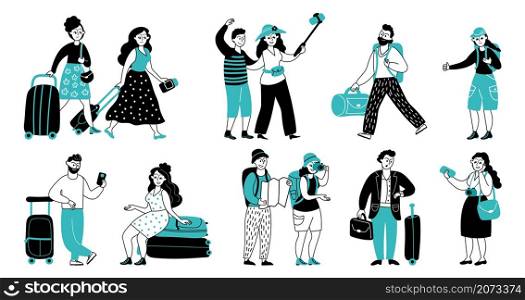 Travel people collection. People travellers, tourists summer adventure. Family travelling, student friends trip with luggage decent vector set. Illustration journey and tourism, tourist vacation. Travel people collection. People travellers, tourists summer adventure. Family travelling, student friends trip with luggage decent vector set