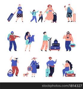 Travel people. Travellers couple, seniors tourist with suitcase. Single vacation character, airport decent female male passengers vector set. Illustration woman and man, family travel. Travel people. Travellers couple, seniors tourist with suitcase. Single vacation character, airport decent female male passengers vector set