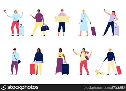 Travel people. Travelling person with backpack and suitcase. Tourism amd vacation, happy woman and man going trip and doing selfie vector set. Character tourist with baggage and backpack illustration. Travel people. Travelling person with backpack and suitcase. Tourism amd vacation, happy woman and man going trip and doing selfie utter vector set