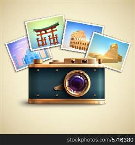 Travel photo background with retro camera and landmarks cards vector illustration