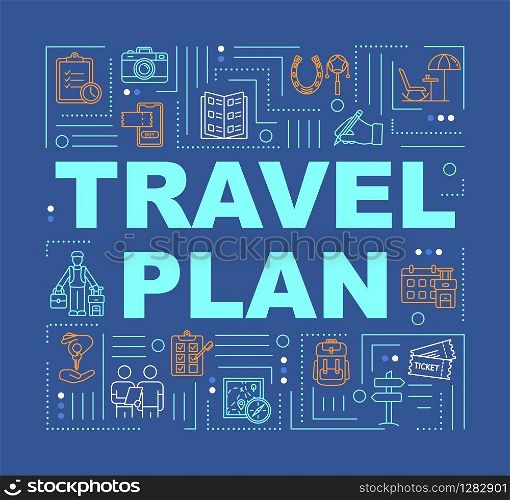 Travel plan word concepts banner. Free excursions. Visit parks. Touristic route. Infographics with linear icons on dark blue background. Isolated typography. Vector outline RGB color illustration