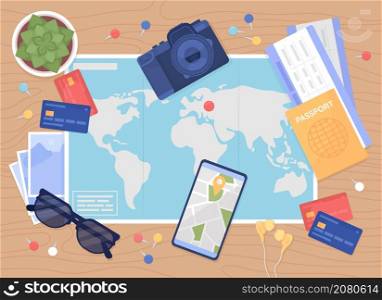 Travel planning flat color vector illustration. Map with continents and journey destination marked. Camera and sunglasses. Top view 2D cartoon illustration with desktop on background collection. Travel planning flat color vector illustration