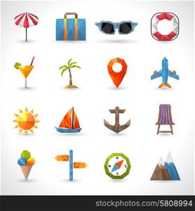Travel polygonal icons set with umbrella suitcase glasses lifebelt isolated vector illustration. Travel Polygonal Icons