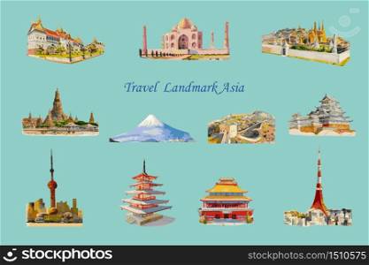 Travel popular landmark architecture Asia, Tour famous landmarks world monument, Watercolor hand drawn painting illustration on blue background, Hand-drawn sketches isolated style, Vector illustration