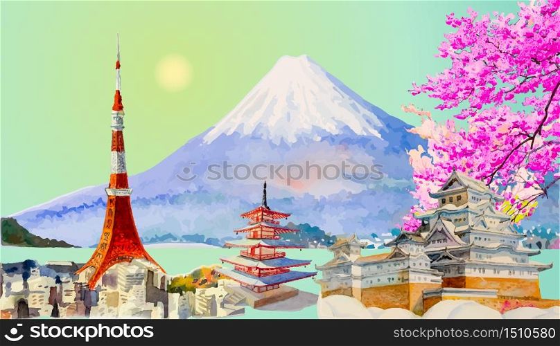 Travel popular landmark architecture japan, Tour famous landmarks world monument, Watercolor hand drawn painting illustration on sun background, Hand-drawn sketches isolated style, Vector illustration