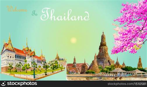 Travel popular landmark architecture Thailand, Tour famous landmarks monument, Watercolor hand drawn painting illustration on sun background, Hand-drawn sketches isolated style, Vector illustration.