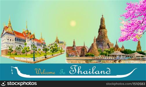 Travel popular landmark architecture Thailand, Tour famous landmarks monument, Watercolor hand drawn painting illustration on sun background, Hand-drawn sketches isolated style, Vector illustration.