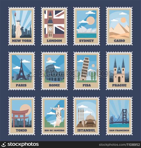 Travel postage stamps. Vintage stamp with national landmarks, retro stamping postmark world attractions and most popular points of world vector isolated icon set. Travel postcards with famous places. Travel postage stamps. Vintage stamp with national landmarks, retro stamping postmark world attractions and most popular points of world vector isolated icon set. Travel postcard with famous locations