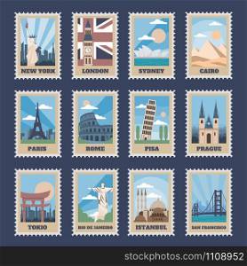 Travel postage stamps. Vintage stamp with national landmarks, retro stamping postmark world attractions and most popular points of world vector isolated icon set. Travel postcards with famous places. Travel postage stamps. Vintage stamp with national landmarks, retro stamping postmark world attractions and most popular points of world vector isolated icon set. Travel postcard with famous locations