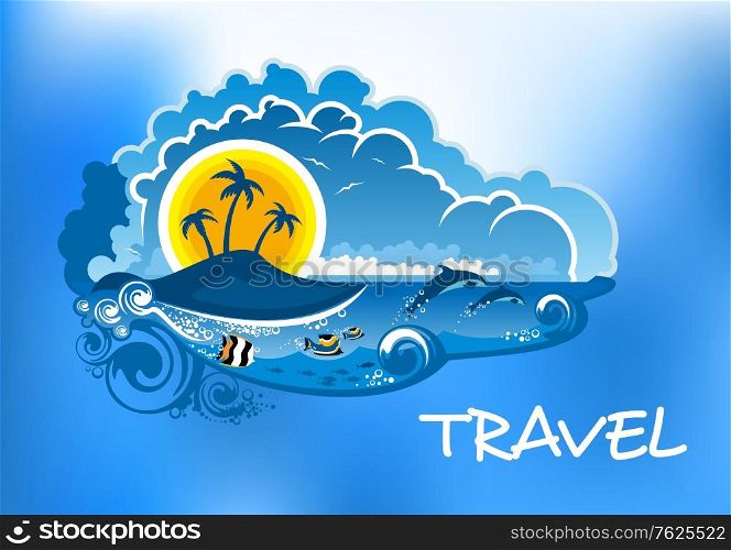 Travel poster design with a cool blue ocean, tropical islands, palm trees, sealife and summer nature. Travel poster vector design