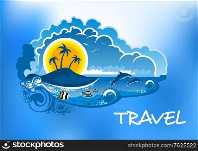 Travel poster design with a cool blue ocean, tropical islands, palm trees, sealife and summer nature. Travel poster vector design
