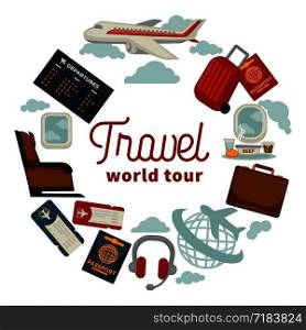 Travel poster for holiday vacation and summer air voyage. Vector flat design of tourist travel bag and passport or airplane flight tickets, luggage tags and stewardess or aircraft pilot. Travel poster for holiday vacation and summer air voyage.