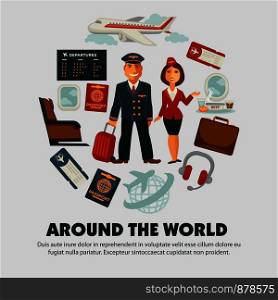 Travel poster for holiday vacation and summer air voyage. Vector flat design of tourist travel bag and passport or airplane flight tickets, luggage tags and stewardess or aircraft pilot. Travel poster for holiday vacation and summer air voyage.