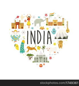 Travel poster with famous destinations and landmarks of India. Abstract design, explore India concept image.. Travel poster with famous destinations and landmarks of India
