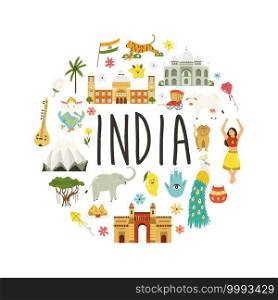 Travel poster with famous destinations and landmarks of India. Abstract design, explore India concept image.. Travel poster with famous destinations and landmarks of India