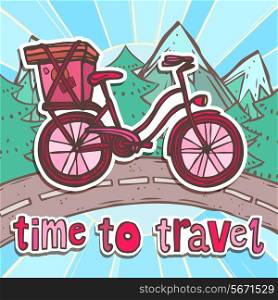 Travel poster with retro cartoon bicycle on mountain road vector illustration