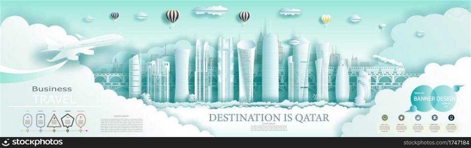 Travel Qatar top world modern skyscraper and famous city architecture. Modern business brochure design for advertising with infographics.Tour Doha in Qatar landmark of Asia with popular skyline.