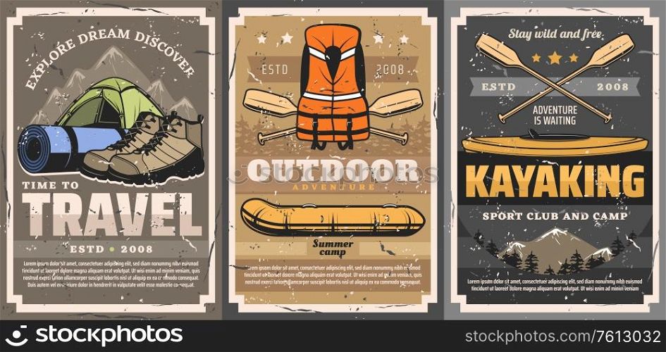 Travel, rafting, trekking and kayaking sports vector posters. Active leisure, camping outdoor adventure. Sport camp or club with travel mat and tents, boat and life vest, kayak and oars. Travel, rafting, trekking and kayaking sports