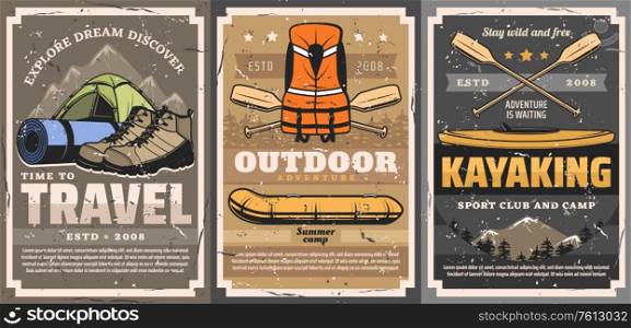 Travel, rafting, trekking and kayaking sports vector posters. Active leisure, camping outdoor adventure. Sport camp or club with travel mat and tents, boat and life vest, kayak and oars. Travel, rafting, trekking and kayaking sports