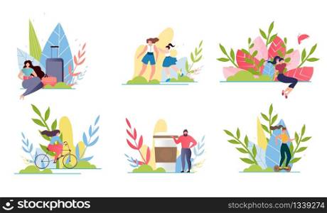 Travel, Rest Time and Recreation for People Set. Cartoon Cards Pack with Women and Men Traveling, Walking, Cycling, Drinking Coffee, Going on Gyroscooter. Vector Flat Illustration with Floral Design. Travel, Rest Time and Recreation for People Set