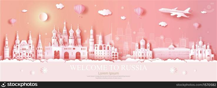 Travel Russia top world famous city ancient and palace architecture. Tour moscow landmark of europe with paper origami. Modern business brochure design on pink color background.Vector illustration.