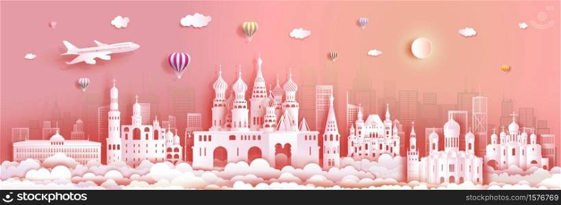 Travel Russia top world famous symbol ancient architecture for wallpaper. Modern design on pink color background.Tour moscow landmark of europe with paper origami.Vector illustration for postcard.
