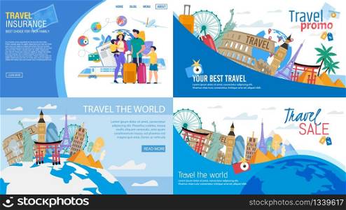 Travel Sale, Transportation Insurance, Promotion and Advertising World Cruise and Tour Routs Landing Page Set. Tourists Family on Vacation. Famous Landmarks and Attractions Design. Vector Illustration