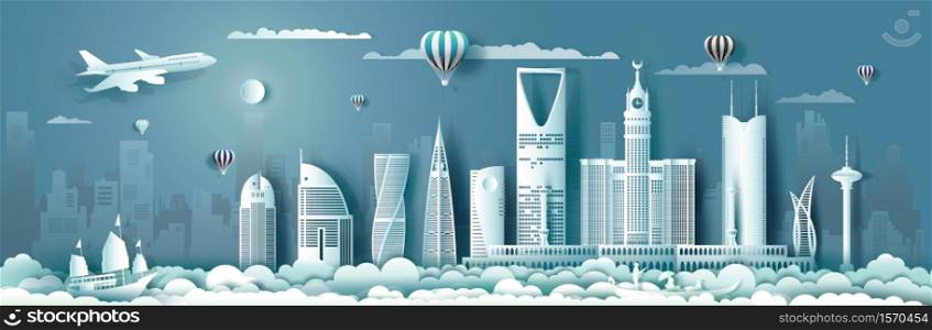 Travel Saudi arabia with modern building, skyline, skyscraper. Business brochure modern design.Travelling to arab landmarks of asian with architecture and cityscape background.Vector illustration