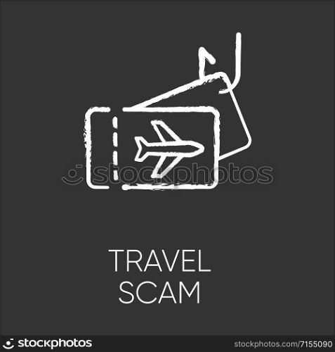 Travel scam chalk icon. Fake vacation ad. Unrealistic conditions. Free tickets trick. Cybercrime. Financial fraud. Malicious practice. Fraudulent scheme. Isolated vector chalkboard illustration