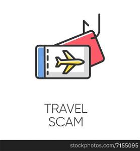 Travel scam color icon. Fake vacation ad. Unrealistic conditions. Free tickets trick. Cybercrime. Financial fraud. Malicious practice. Fraudulent scheme. Isolated vector illustration