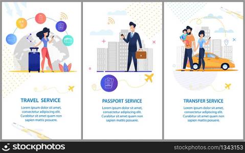 Travel Service.Passport Service. Transfer Service. Set Vector Illustration. Young Girl with Suitcase Travel action Online. Man in Business Style. Family With Child Orders yellow Taxi.