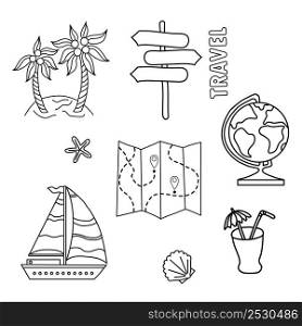 Travel set of doodles. Outline symbol collection. Globe, cockleshell, navigation, cocktail. Vector