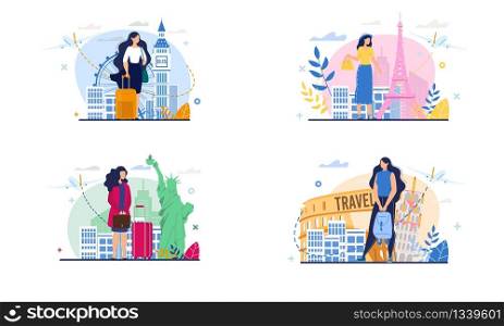 Travel Set. Woman Character Vector Scene. Business Trip, Summer Vacation, Journey on Holidays, World Landmarks Exploration. Female Student, Businesswoman, Young Lady with Luggage Illustration