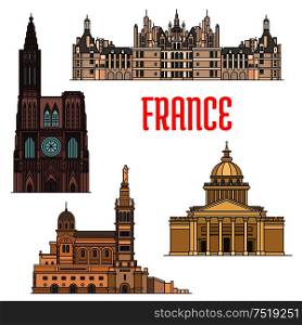 Travel sights of France thin line icon with catholic basilica Notre-Dame de la Garde, gothic Rouen Cathedral, St. Peters Basilica and royal residence Chateau de Chambord. French travel sights icon in thin line style