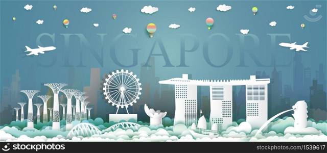 Travel singapore architecture culture at the marina bay sands in singapore city with symbol and icon modern building merlion, Traveling with balloon and airplane, Paper cut style, Vector illustration
