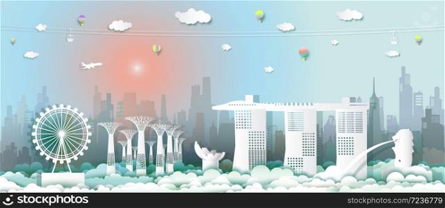 Travel singapore architecture culture at the marina bay sands in singapore with the iconic modern building merlion, Traveling with cable car, balloon and airplane, Paper cut style, Vector illustration