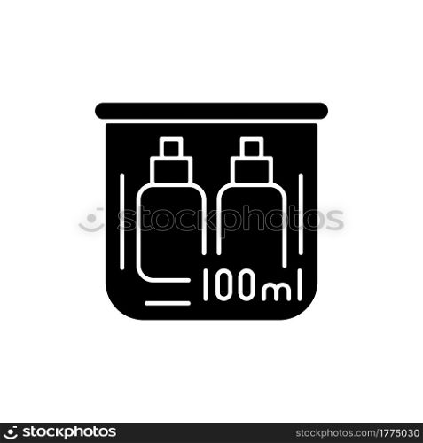Travel size bottles 100 ml black glyph icon. Portable amenities with cosmetic products. Essential things for tourist. Passenger objects. Silhouette symbol on white space. Vector isolated illustration. Travel size bottles 100 ml black glyph icon