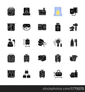 Travel size objects black glyph icons set on white space. Portable stuff for flight passenger. Essential things for tourist comfort. Silhouette symbols. Vector isolated illustration. Travel size objects black glyph icons set on white space