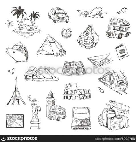 Travel, sketches of icons vector set