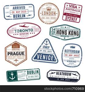 Travel stamp. Vintage passport visa international arrived stamps with grunge texture. Isolated stamping vector set. Travel stamp. Vintage passport visa international arrived stamps with grunge texture. Isolated vector set